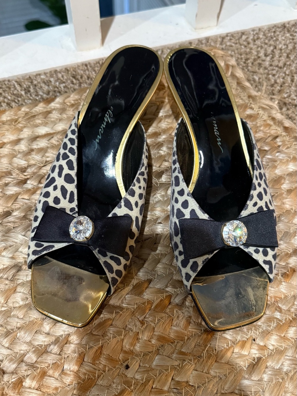 Beverly Feldman Leopard Print Slide Mules with Black Bow & Gold Accent